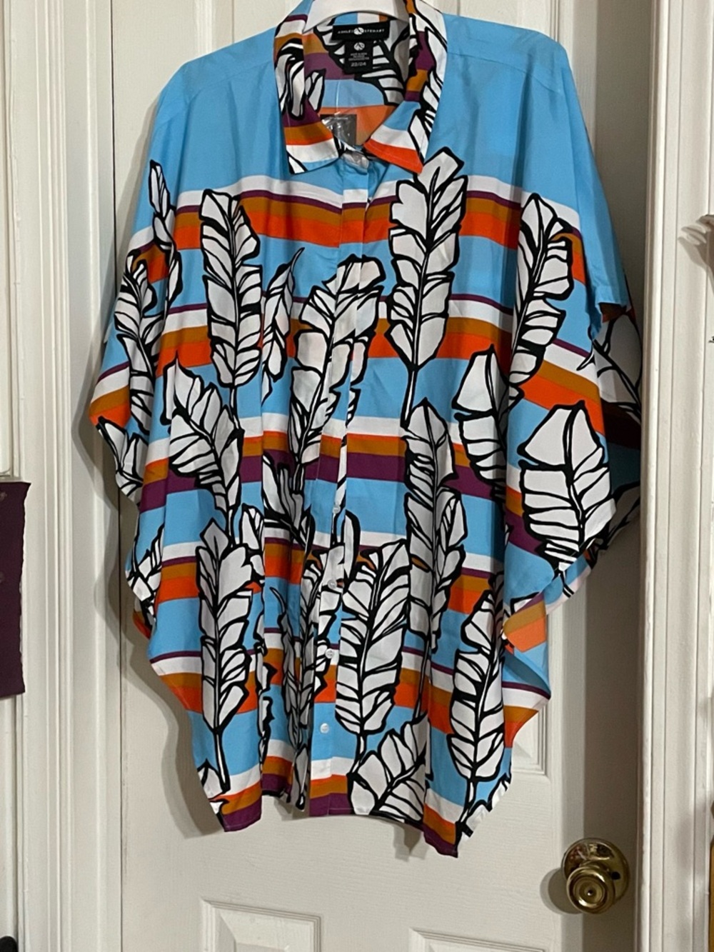 Ashley Stewart Light Blue Striped Feather Print Button Front Top